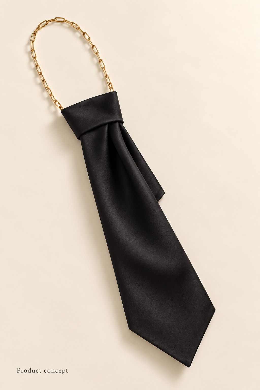 AI product concept: a black scarf knotted as a long tie on a gold-tone elongated-link chain, laid on a pale ivory ground, labelled Product concept.
