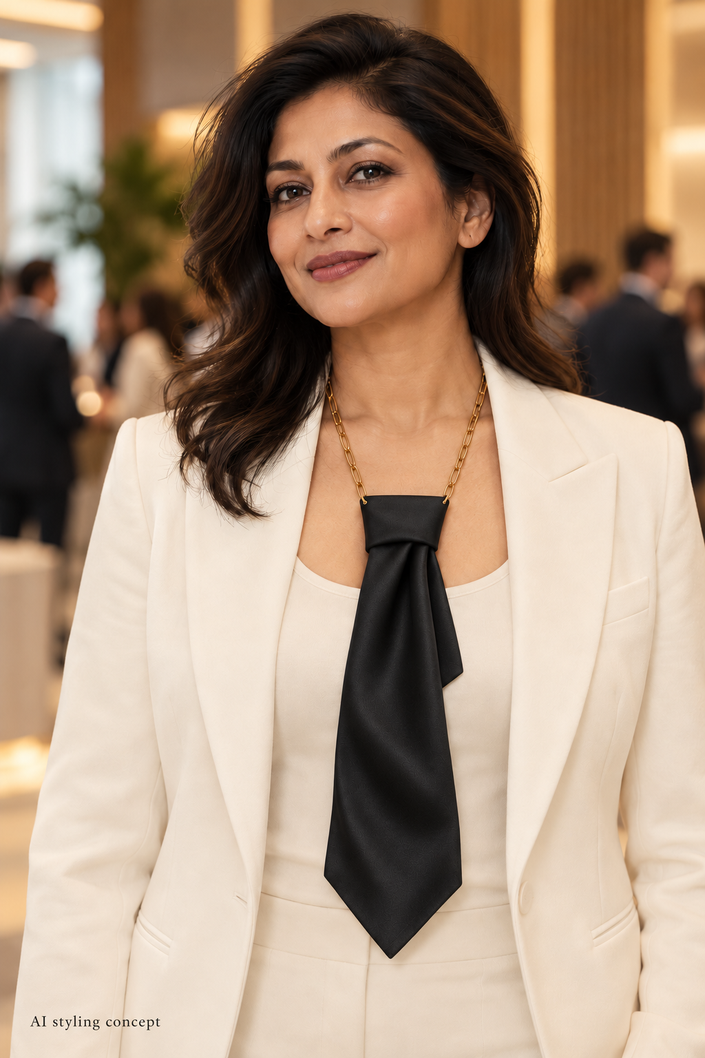 AI styling concept: a fictional woman with long dark hair, in an ivory blazer at a conference venue, wearing a black necklace tie on a gold-tone chain.
