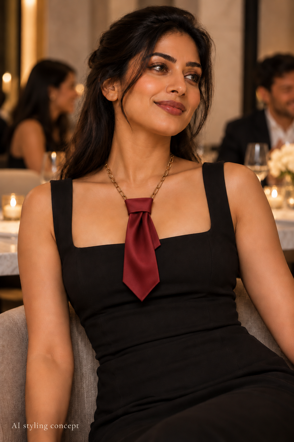 AI styling concept: a fictional woman with long dark hair, in a black top at a candlelit dinner, wearing a deep burgundy necklace tie on a gold-tone chain.
