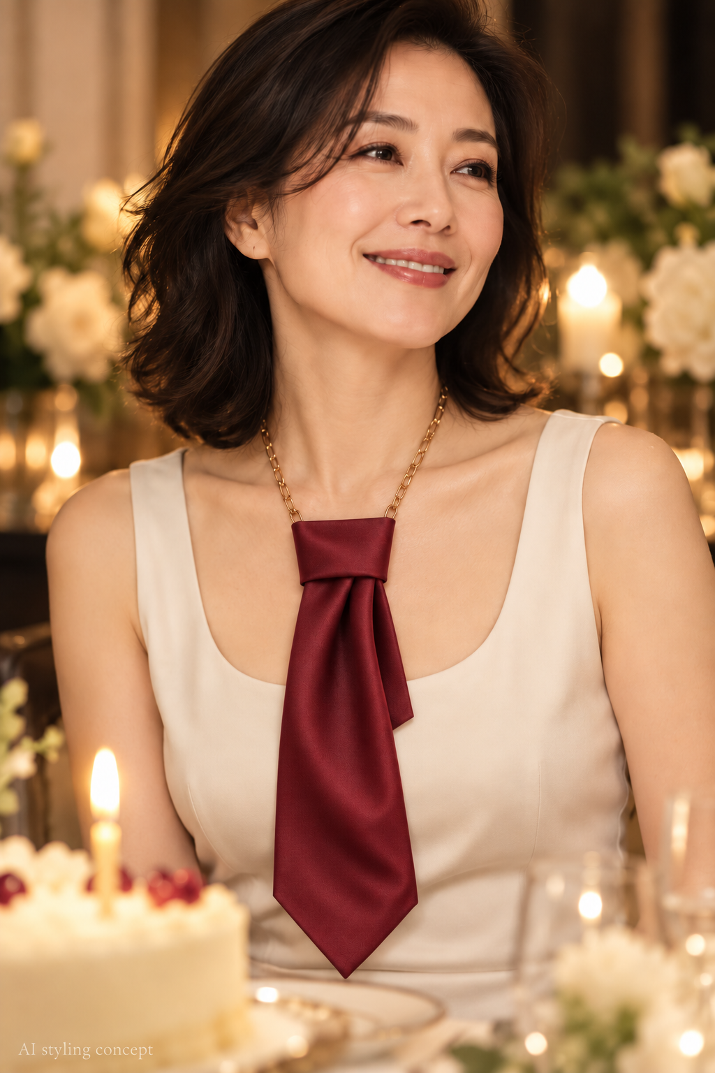 AI styling concept: a fictional woman with a dark bob, in an ivory top at a candlelit birthday table with cake, wearing a deep burgundy necklace tie on a gold-tone chain.
